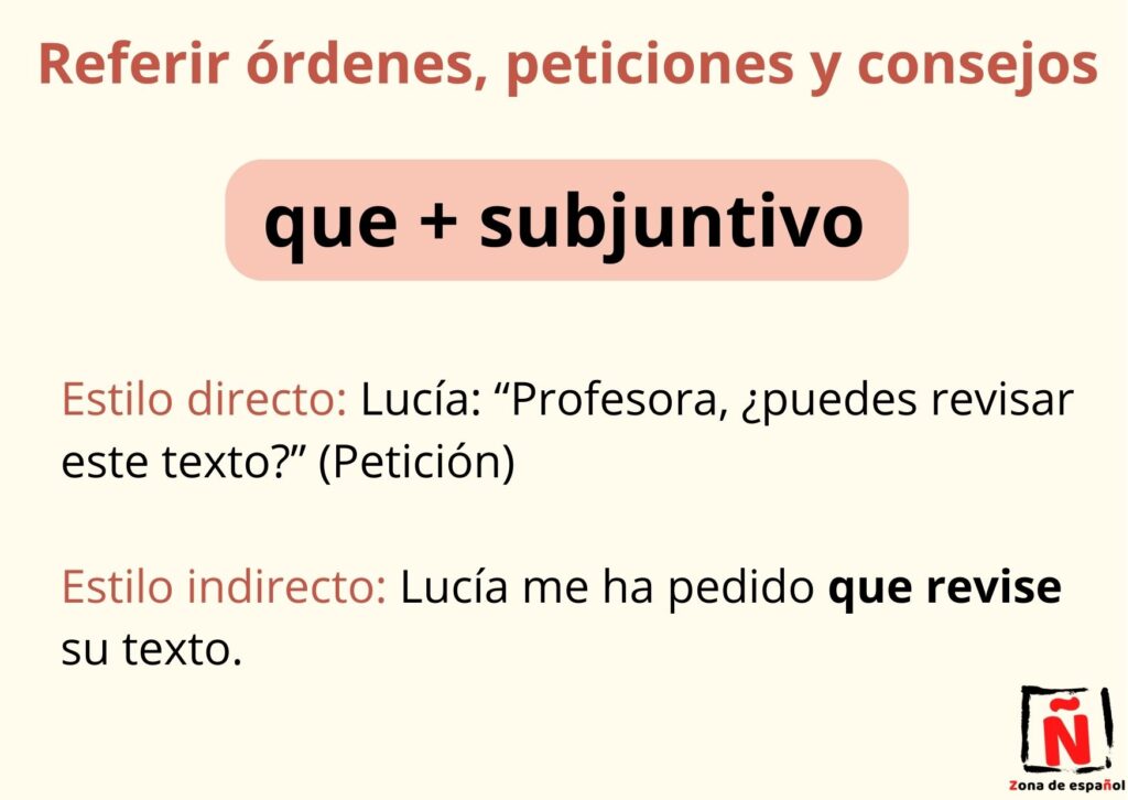 Órdenes, peticiones y consejos en estilo indirecto en español.