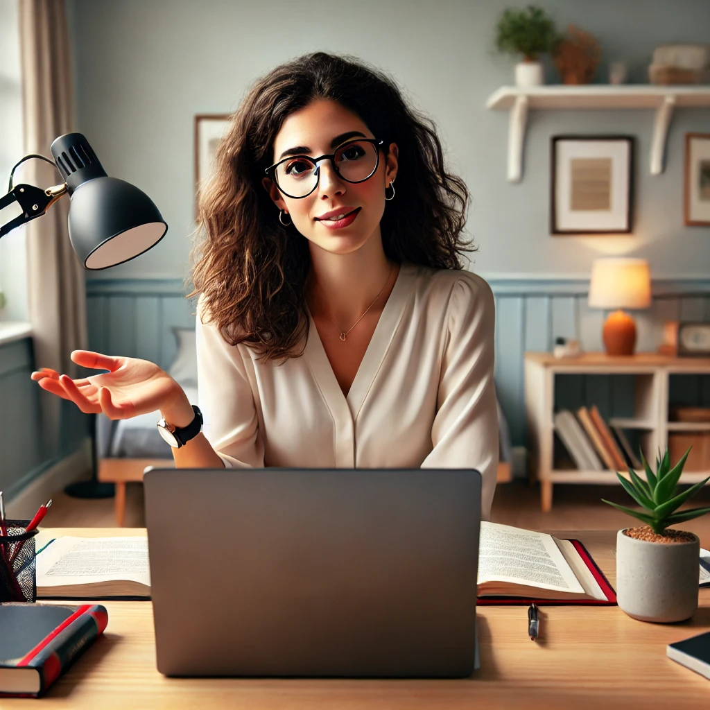DALL·E 2024 09 09 19.57.52 A realistic image of an online Spanish teacher during a virtual lesson. She is seated at her desk, using a laptop with a webcam turned on, wearing gla