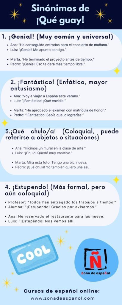 Expresiones similares a ¡qué guay! en español. Ejemplos.
