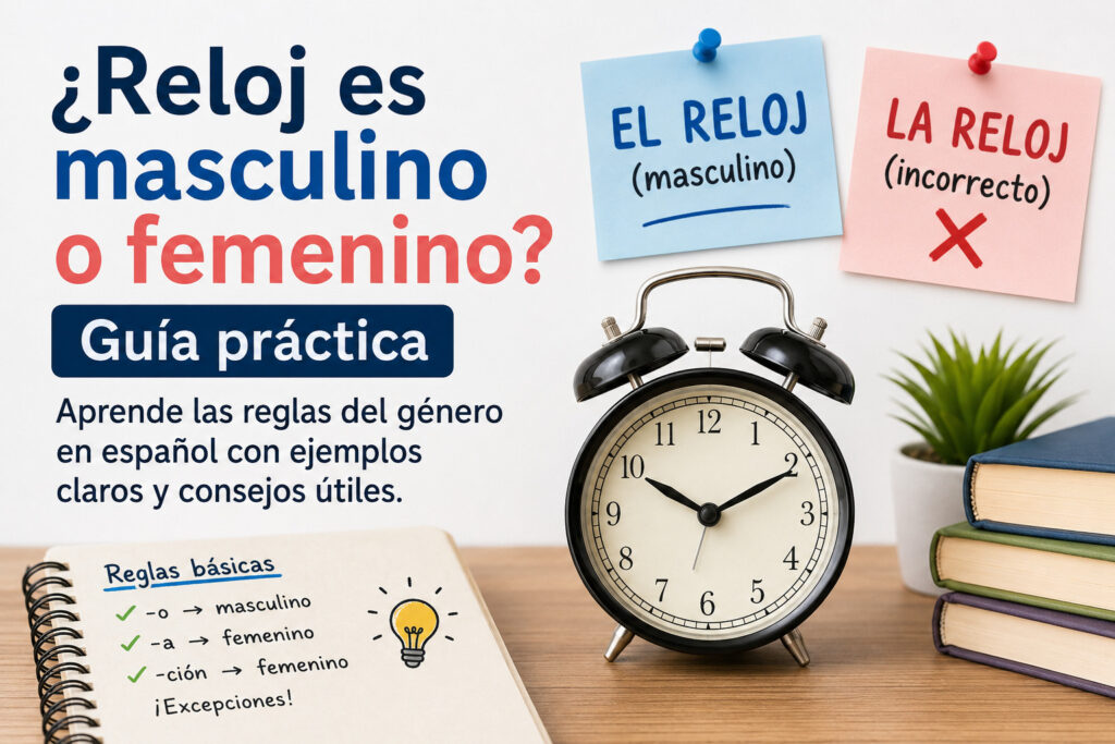 Imagen de un reloj analógico acompañada de elementos de estudio que ilustran de forma visual las reglas del género gramatical en español, explicando por qué reloj es un sustantivo masculino en una guía práctica para estudiantes de español.