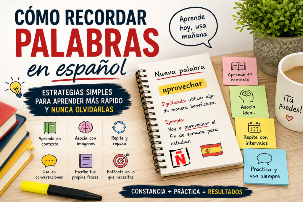 Infografía en español con estrategias para recordar palabras en español más rápido, como aprender en contexto, asociar palabras con imágenes, repasar con intervalos, practicar conversaciones y escribir frases propias.