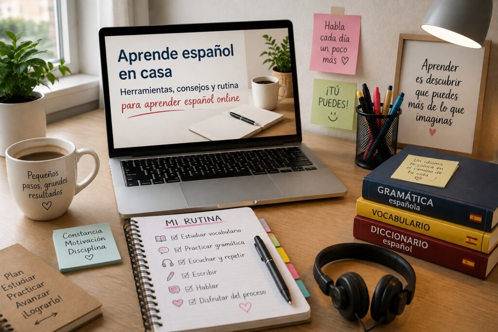 Cómo aprender español en casa con una rutina de estudio, herramientas digitales y recursos para aprender español online desde cualquier lugar.